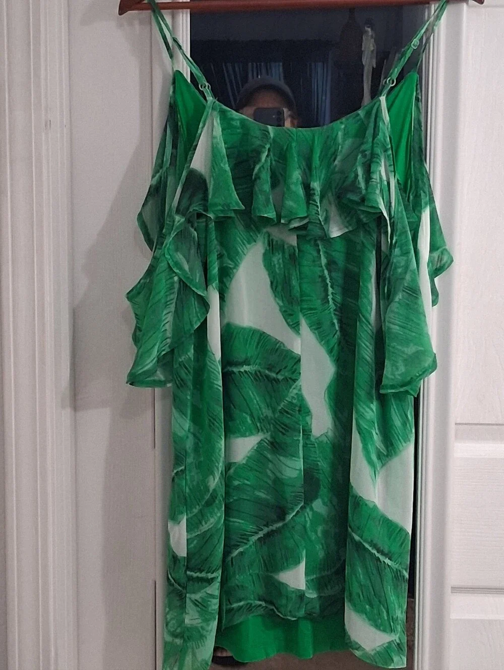 Olivacious Tropical Mini Dress With A Ruffled Cold Shoulder Hanging Sleeve